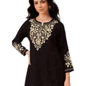 This black color kurti features exquisite multicolor Aari embroidery on soft rayon cotton fabric, offering a perfect blend of tradition and modern style, ideal for casual, festive, or office wear.