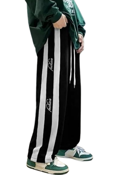 Black cargo trousers combine breathable, lightweight fabric with a secure zippered pocket and stylish striped design, making them ideal for lounging, sports, casual outings, and even semi-formal events with ease and comfort.