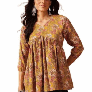 This breathable cotton ladies short kurti features elegant floral embroidery and a flattering straight cut, offering all-day comfort and versatile style—ideal for casual outings, work, and festive celebrations alike.