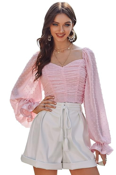 These trendy crop tops feature elegant flare sleeves and a sweetheart neckline, crafted from breathable Georgette fabric, making them perfect for stylish, comfortable looks in both casual and formal settings.